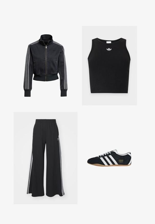 Sort denimjakke med lynlås foran, høj krave og grå tre-stribede accenter på ærmerne. Har ribbede manchetter og kant.; Sort ribbet ærmeløs crop top med rund halsudskæring og lille hvid Adidas trefoil-logo centreret nær kraven.; Sorte bukser med vide ben og elastik i taljen, med tre hvide striber langs ydersiderne og et lille logo foran.; Sort ruskinds sneaker med hvide tre striber, guldlogo og en brun gummisål. Har et lavprofil snørebåndsdesign.