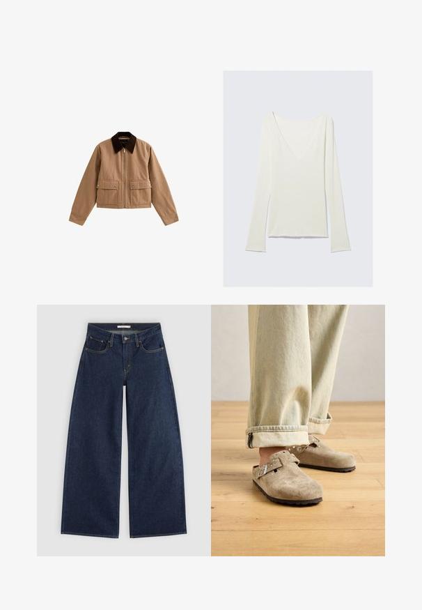Chaqueta con cremallera color marrón claro y cuello marrón oscuro, con dos bolsillos frontales con solapa y botones a presión, apoyada sobre fondo blanco.; Top blanco de manga larga ajustado con escote en V profundo y mangas ligeramente acampanadas, exhibido sobre un fondo gris claro liso.; Vaqueros azul oscuro de corte ancho con bolsillos delanteros, trabillas para cinturón y cierre de botón, mostrados extendidos sobre un fondo claro.; Zuecos de ante color beige claro, sin cordones, con detalles de hebilla de metal y tachuelas, llevados con jeans de lavado claro remangados sobre un suelo de madera.
