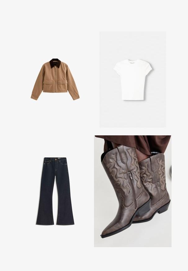 Tan ritsjack met een donkerbruine kraag en twee voorzakken met kleppen en drukknoopjes, plat gelegd op een witte achtergrond.; Witte t-shirt met korte mouwen van zachte katoen, met een ronde halslijn en een getailleerde vorm. Geen zichtbare patronen of versieringen.; Donkere denim jeans met uitlopende pijpen, voorzien van een hoge taille, contrasterende stiknaden, knoopsluiting en vier zakken. De pijpen worden wijder bij de zoom.; Bruine leren cowboylaarzen met een spitse neus, zijrits en een textuur van een slang in beige, met decoratieve studs langs de randen.