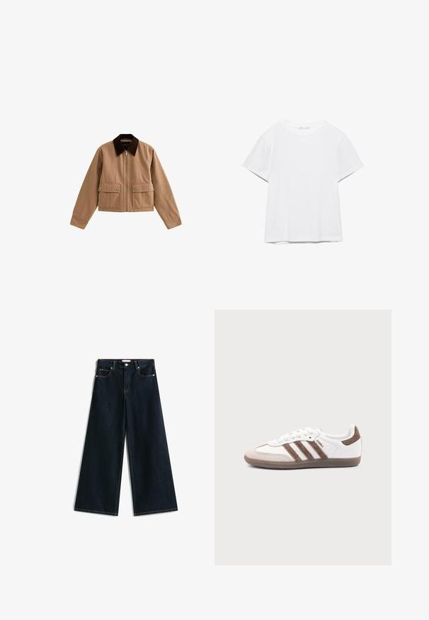 Tan ritsjack met een donkerbruine kraag en twee voorzakken met kleppen en drukknoopjes, plat gelegd op een witte achtergrond.; Effen wit T-shirt met korte mouwen en ronde hals, met een rechte zoom, gepresenteerd tegen een witte achtergrond.; Donkerblauwe wijde jeans met hoge taille, klassiek vijf-pocket ontwerp, zichtbare stiksels en een gladde denimtextuur.; Witte Adidas Samba sneaker met bruine suède strepen, bruine rubberen zool en beige suède neuskap, getoond vanaf de buitenkant op een effen achtergrond.
