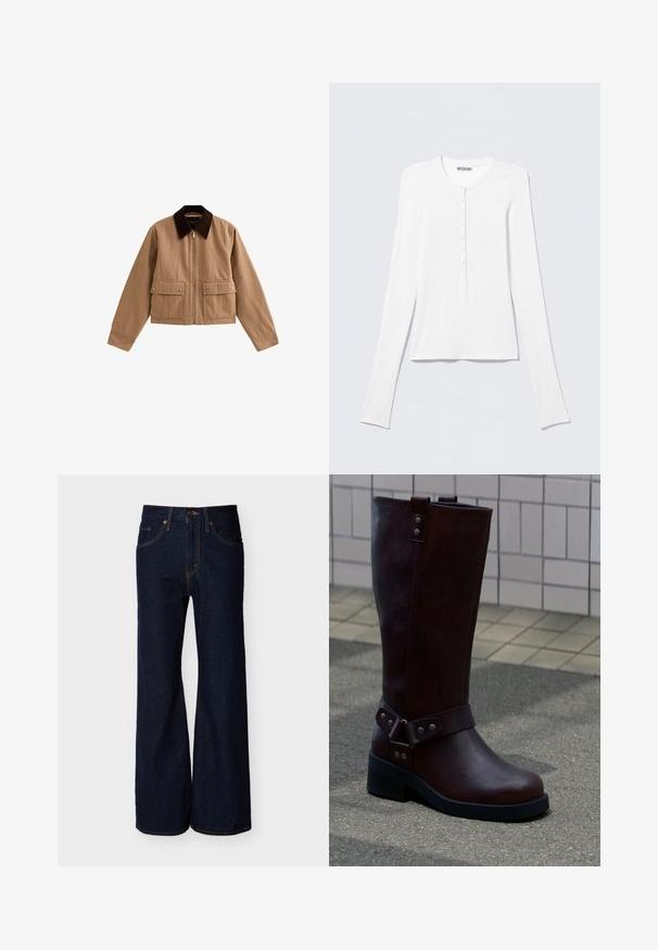 Chaqueta con cremallera color marrón claro y cuello marrón oscuro, con dos bolsillos frontales con solapa y botones a presión, apoyada sobre fondo blanco.; Camiseta Henley blanca de manga larga con cuello redondo y una fila vertical de pequeños botones en el centro delantero.; Pantalones de mezclilla azul oscuro con cintura alta, corte de pierna ancha, bolsillos delanteros, cierre de botón y cremallera.; Bota de cuero marrón oscuro hasta media pantorrilla con suela negra y detalles de remaches plateados, colocada sobre pavimento exterior cerca de una pared de azulejos.