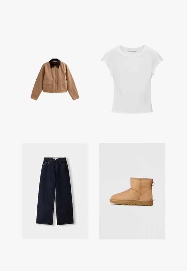 Tan ritsjack met een donkerbruine kraag en twee voorzakken met kleppen en drukknoopjes, plat gelegd op een witte achtergrond.; Witte katoenen T-shirt met korte, opgerolde mouwen, een ronde halslijn en een rechte zoom. Gladde textuur zonder zichtbare patronen of accenten.; Donkerblauwe denim wijduitlopende jeans met een hoge taille, vijf zakken, contrasterende stiksels en zilveren metalen hardware. Gladde textuur en een nette afwerking.; Tan suède enkellaars met ronde neus, gestikte details, trekhaak aan de achterkant en een gestructureerde rubberen zool. Ontworpen voor comfort en warmte.