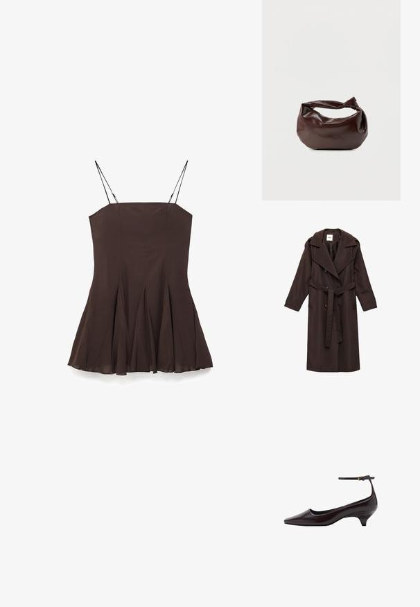 Brun trench coat lavet af glat stof. Har en bred krave, dobbeltknaplukning, bælte og sidelommer.; Brun ærmeløs kjole med tætsiddende krop og plisseret A-linje nederdel. Har tynde, justerbare stropper og glat stoftekstur.; Mørkebrune spidse læder kitten heel sko med en tynd ankelrem og en lille guldbeslag.; Mørkebrun læder skuldertaske med en blød, afslappet form og et snoet knudehåndtag på en ensartet hvid baggrund.