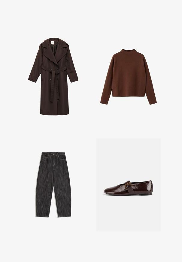 Brun trench coat lavet af glat stof. Har en bred krave, dobbeltknaplukning, bælte og sidelommer.; Kastanjebrun, langærmet sweater med en høj halsudskæring. Fremstillet af et blødt, tekstureret stof. Har en afslappet, kasseformet silhuet og et minimalistisk design.; Sort denimjeans med vidde ben, fem-lomme design, synlige hvide syninger og knaplukning i taljen.; Mørkebrun laklædersko med stor guldlås og rund tå, vist i sideprofil på hvid baggrund.