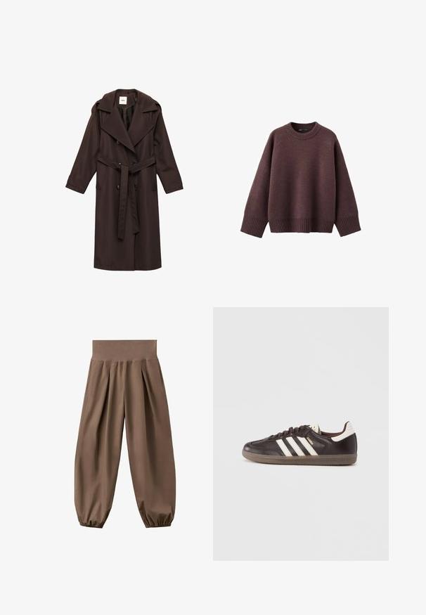 Brun trench coat lavet af glat stof. Har en bred krave, dobbeltknaplukning, bælte og sidelommer.; Løs pasform sweater i mørk bordeaux, lavet af blødt strikket stof. Har en ribstrikket rund hals, vide ærmer og en ribstrikket kant.; Brune løstsiddende bukser med høj talje, samlet elastisk kant og forreste læg, vist på hvid baggrund.; Mørkebrune lædersneakers med hvidt tre-stribet design, en gummisål og "Samba" i gyldne bogstaver på siden. Klassisk lavtopform.