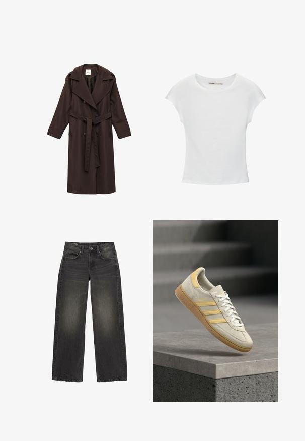 Brun trench coat lavet af glat stof. Har en bred krave, dobbeltknaplukning, bælte og sidelommer.; Hvid bomuld t-shirt med korte, opsmøgede ærmer, rund halsudskæring og lige kant. Glat tekstur uden synlige mønstre eller detaljer.; Sorte jeans med brede ben, falmede detaljer, knap foran, lynlås og fem lommer lagt fladt på en hvid baggrund.; Beige ruskindsneaker med gule accenter, hvide snørebånd og tre gule striber. Har en tekstureret sål af gummi i karamel og guldfarvet branding.