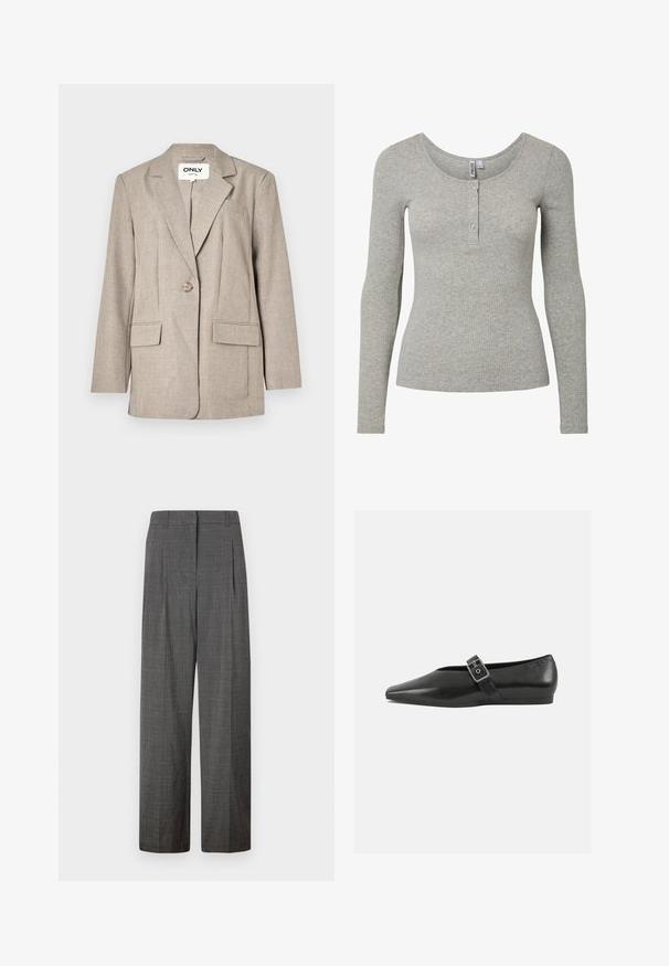 Blazer marron clair en tissu texturé, doté de deux poches avant, d'une fermeture à un seul bouton et d'un design à revers cranté.; Haut à manches longues gris clair côtelé avec encolure ronde et patte de boutonnage à quatre boutons, silhouette ajustée et tissu tricoté doux.; Vero Moda VMSIKITA WIDE DAD PANT - Pantalon classique - medium grey/black; Chaussure plate en cuir noir avec un orteil pointu, présentant une sangle à boucle métallique sur le cou-de-pied et une semelle basse et flexible.