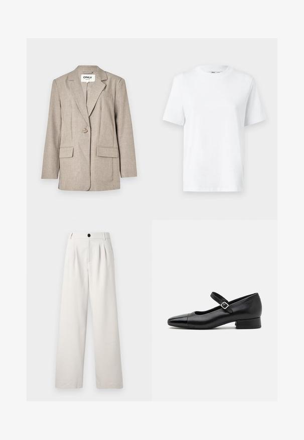 Blazer marron clair en tissu texturé, doté de deux poches avant, d'une fermeture à un seul bouton et d'un design à revers cranté.; T-shirt en coton blanc à col rond, avec des manches courtes et une texture lisse. Conçu avec une coupe décontractée pour plus de confort et de polyvalence.; Pantalons beige à jambes larges en tissu lisse, avec des plis avant, une fermeture à bouton unique et des poches latérales pour plus de praticité.; Chaussures Mary Jane en cuir noir avec un embout en vernis, une sangle cheville réglable et un petit talon carré. Texture lisse et design élégant.