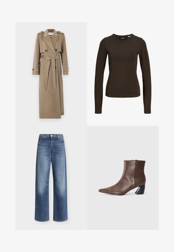 Long trench beige avec larges revers, épaulettes, poignets boutonnés, deux poches avant et une ceinture à la taille, présenté sur un fond gris.; T-shirt à manches longues moulant de couleur marron foncé avec col rond, design simple et texture de tissu lisse, présenté sur un fond blanc uni.; Jean bleu à jambes larges avec taille haute, fermeture à bouton et zip, poches avant et arrière, et détails légèrement délavés sur les cuisses.; RAID DEBRA - Boots à talons - brown