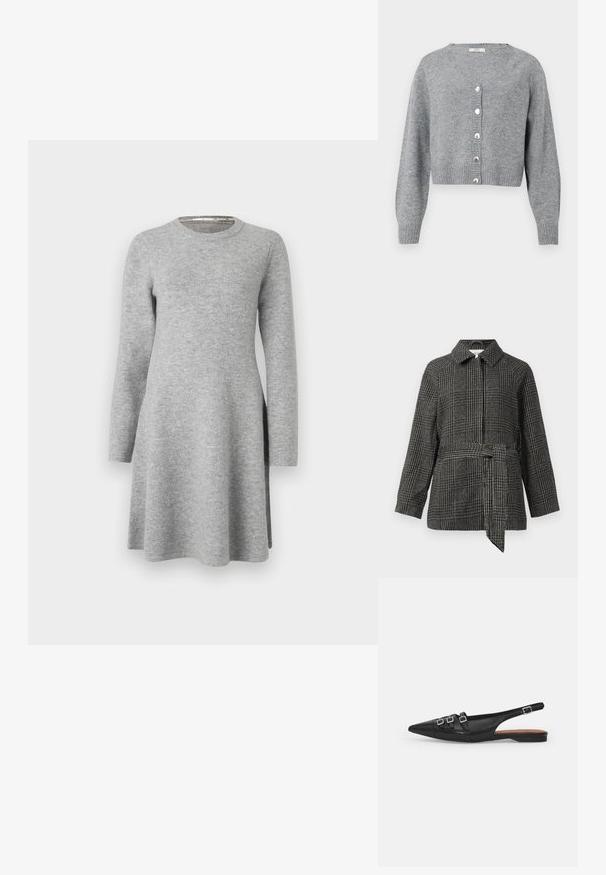 Veste à carreaux en gris et noir, avec un col, des manches longues, une taille cintrée avec une ceinture en tissu et une surface en tissu texturé.; Cardigan court à manches longues gris clair avec col en V, poignets et ourlet côtelés, et six boutons en forme de perles sur le devant.; Robe grise à manches longues en tissu doux ; présente un col rond et une coupe décontractée, s'évasant légèrement à l'ourlet avec des fentes latérales.; Chaussure plate noire en cuir avec un bout pointu, dotée de deux lanières horizontales et de boucles carrées en argent, avec un faible talon et une texture lisse.