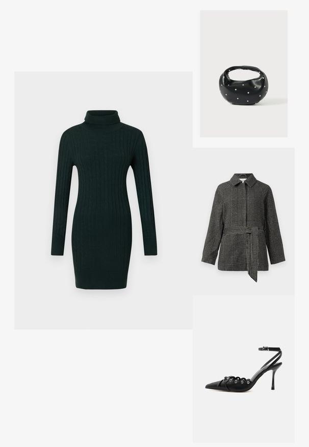 Chaqueta a cuadros en gris y negro, con cuello, mangas largas, cintura entallada con un cinturón de tela y una superficie de tela texturizada.; Vestido de punto trenzado en un verde oscuro, con mangas largas y cuello alto ajustado, sobre un fondo liso.; Zapato de tacón alto negro con punta fina, bordes ondulados, ojales metálicos, cordones delanteros y una correa en el tobillo con cierre de hebilla.; Bolso de mano de cuero negro con forma redondeada, decorado con detalles de tachuelas plateadas y un asa corta. Textura lisa y cierre con cremallera.