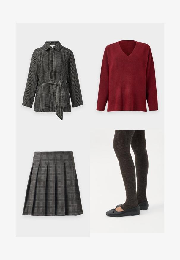 Veste à carreaux en gris et noir, avec un col, des manches longues, une taille cintrée avec une ceinture en tissu et une surface en tissu texturé.; Pull-over v neck rouge à manches longues, fabriqué en tissu texturé doux, offrant une coupe décontractée et des fentes sur les côtés à l'ourlet.; Jupe plissée à motif écossais gris, fabriquée à partir d'un tissu texturé. Elle présente des plis verticaux et un ourlet droit.; Jambes portant des leggings côtelés foncés associés à des ballerines noires avec de petits détails en nœud sur fond blanc.