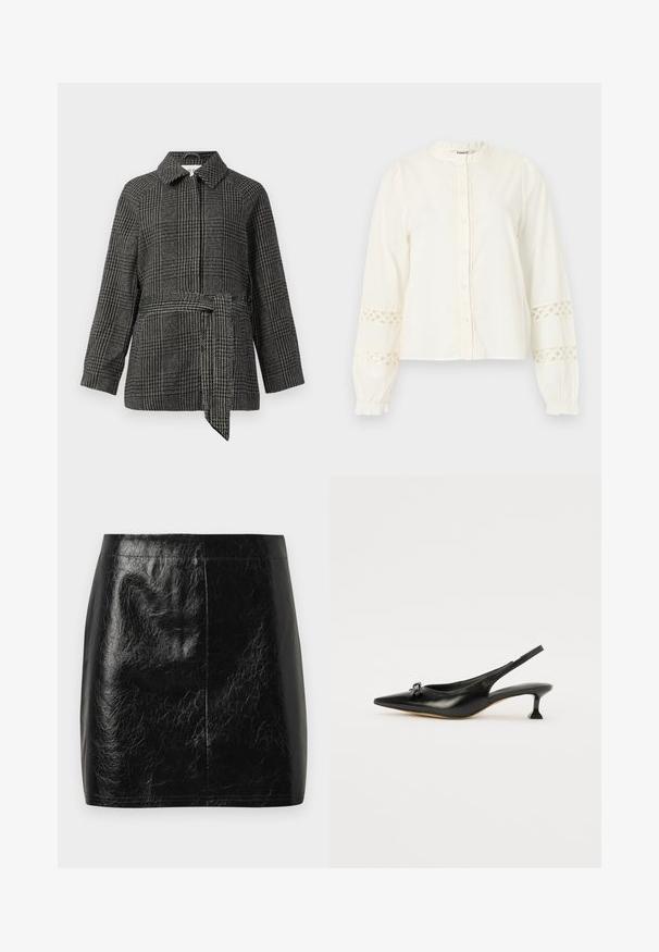 Chaqueta a cuadros en gris y negro, con cuello, mangas largas, cintura entallada con un cinturón de tela y una superficie de tela texturizada.; Blusa blanca de manga larga con cierre de botones en el frente, bandas de encaje en las mangas y cuello y puños con volantes.; Minifalda de piel sintética negra con una textura suave y brillante, que presenta un corte recto y una costura mínima en la cintura.; Zapato negro de cuero tipo slingback con puntera afilada y pequeño tacón cuadrado. Presenta un detalle decorativo de lazo en la parte superior. Textura lisa en toda su superficie.