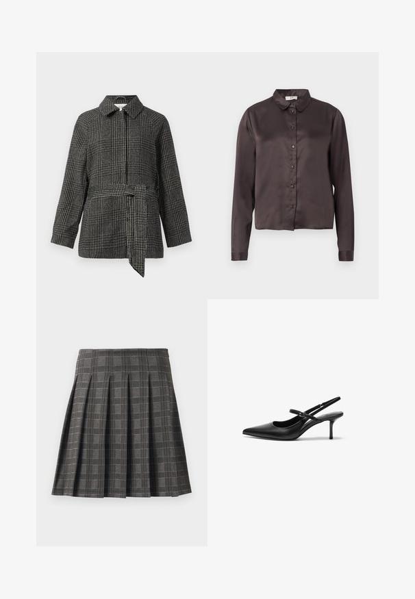 Geruit jack in grijs en zwart, met een kraag, lange mouwen, een getailleerde taille met een stoffen riem en een geweven oppervlak.; Donkerbruin satijnen blouse met lange mouwen, knoopsluiting aan de voorkant, gespreide kraag en een gladde textuur. Geen zichtbare patronen of accenten.; Plissé rok in een grijs ruitpatroon, gemaakt van een gestructureerde stof. Kenmerkt zich door verticale plooien en een rechte zoom.; Zwarte leren slingback hakken met een puntige neus, slanke verstelbare band en een ongeveer 5 cm hoge stiletto hak, met een gladde textuur.