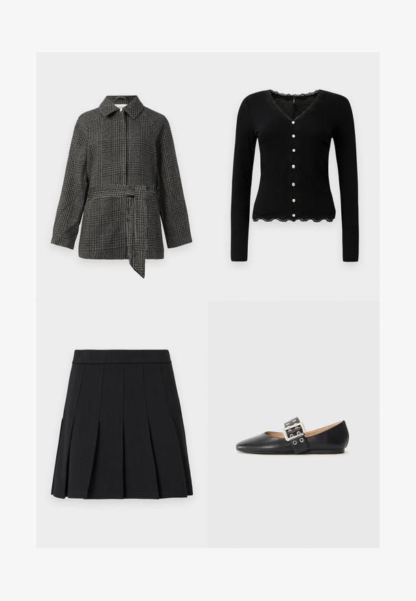Chaqueta a cuadros en gris y negro, con cuello, mangas largas, cintura entallada con un cinturón de tela y una superficie de tela texturizada.; Cárdigan negro de manga larga con escote en V, borde de encaje y cierre decorativo con botones. Presenta textura acanalada y dobladillo inferior con forma de concha.; Falda negra plisada hecha de un material liso. Cuenta con una cinturilla ancha y múltiples pliegues tipo cuchillo que se extienden verticalmente.; Zapato plano de cuero negro con punta puntiaguda y una tira decorativa con hebilla, con herrajes plateados y pequeños recortes.