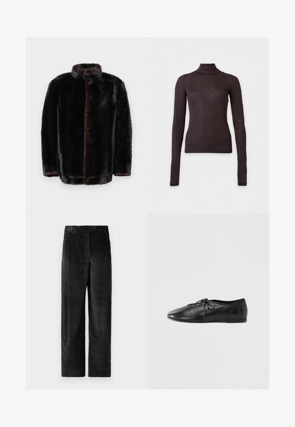Dunkelbraune und schwarze Kunstfelljacke mit stehendem Kragen und langen Ärmeln vor einem weißen Hintergrund.; Dunkelbrauner, langärmliger Rollkragenpullover mit schmaler Passform und leichtem Stoff auf schlichtem hellen Hintergrund.; Schwarze, strukturierte Hose mit weitem Bein und ausgeprägtem Gewebe, ausgestattet mit vorderen Falten und einem flachen Bund. Klassisches Design für Vielseitigkeit.; Schwarzer flacher Lederschuh mit spitzer Zehenpartie, vorne mit Schnürung und weicher Textur. Flaches Profil, minimale Metallelemente.