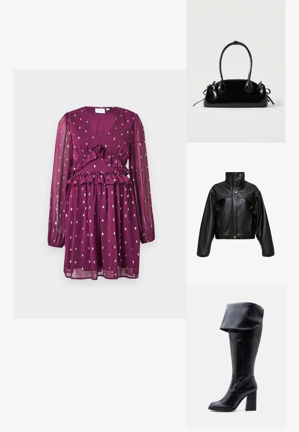 Chaqueta corta de cuero negro con cuello alto, que presenta una superficie ligeramente texturada, botones a presión y mangas amplias y abullonadas.; Vestido largo de manga larga púrpura con lunares plateados, escote en V, detalles de volantes en capas en la cintura y una falda ligeramente acampanada.; Bota alta negra de cuero con tacón, puño doblado y punta redonda, de pie sobre un fondo blanco.; Pequeño bolso negro brillante con dos asas largas y detalles de cordón lateral sobre un fondo claro liso.