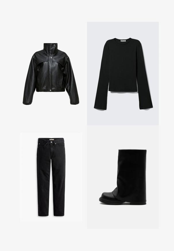 Chaqueta corta de cuero negro con cuello alto, que presenta una superficie ligeramente texturada, botones a presión y mangas amplias y abullonadas.; Camiseta negra de manga larga con cuello redondo, silueta ajustada y mangas ligeramente acampanadas, etiquetada con la marca "Weekday" en el cuello.; Jeans negros de pierna recta con cierre de botones y cremallera, pasadores para cinturón y bolsillos delanteros y traseros, exhibidos de forma plana sobre un fondo blanco.; Bota alta negra de cuero con un caño superior ancho y suelto y una suela gruesa y redondeada sobre fondo blanco.