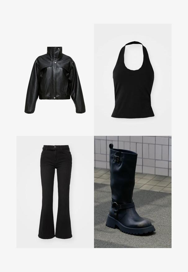 Chaqueta corta de cuero negro con cuello alto, que presenta una superficie ligeramente texturada, botones a presión y mangas amplias y abullonadas.; Top negro tipo halter hecho de una tela suave, con un escote redondeado y una silueta ajustada, con una textura lisa y sin patrones visibles.; Vaqueros negros acampanados de cintura alta, confeccionados en tela de mezclilla. Cuentan con bolsillos delanteros, cierre de botón y una textura suave.; Bota negra de cuero hasta la mitad de la pantorrilla con suela gruesa, hebilla metálica cerca de la parte superior y una correa con detalle de anilla sobre el tobillo, sobre una superficie pavimentada.