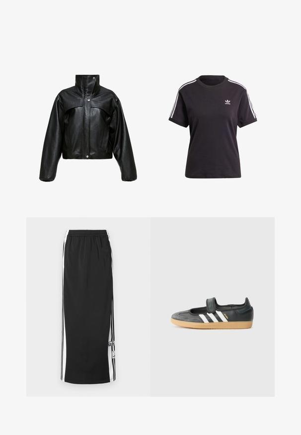 Chaqueta corta de cuero negro con cuello alto, que presenta una superficie ligeramente texturada, botones a presión y mangas amplias y abullonadas.; Camiseta de algodón negra de manga corta con cuello redondo, que presenta rayas blancas en los hombros y un pequeño logo blanco de Adidas en el pecho.; Falda deportiva larga negra con paneles laterales blancos y franjas negras, cintura elástica y parche con el logo de Adidas cerca del dobladillo inferior.; Zapatilla de deporte de cuero negro y ante con una correa de Velcro, que presenta tres rayas blancas y una suela de goma, etiquetada "SAMBA" en el lateral.
