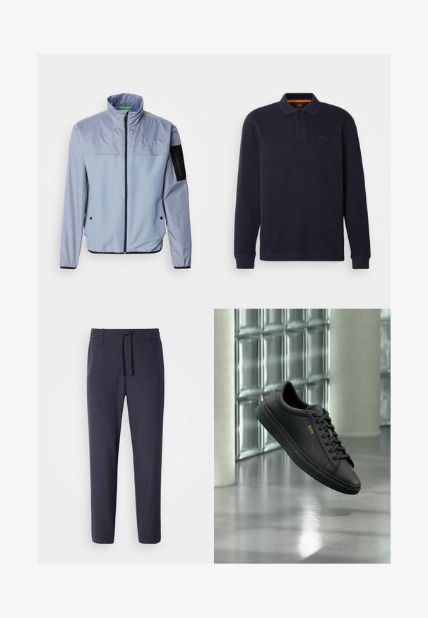 Chaqueta de manga larga de color azul claro con un alto cuello, cierre de cremallera en la parte delantera y detalles en negro. Presenta un bolsillo en la manga izquierda y puños elásticos.; Polo de manga larga en color navy hecho de tejido texturizado con abertura en el cuello abotonada. Presenta un pequeño logo bordado en el pecho.; Pantalones de chándal azul marino con cintura elástica y cordón. Hechos de un material suave, con piernas ajustadas y sin bolsillos visibles.; Zapatilla baja de piel negra con cordones negros y logo dorado BOSS en el lateral, flotando sobre un suelo gris brillante en un espacio interior moderno.