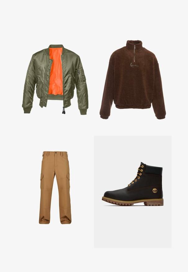 Veste bomber vert olive avec zip à l'avant, poignets côtelés et doublure orange. Comprend une poche latérale avec une fermeture zippée et une texture satinée lisse.; Pull en polaire marron avec col montant, fermeture éclair partielle à l'avant et manches longues. Présente un logo blanc sur la poitrine. Tissu doux et texturé.; Pantalons cargo marron en tissu durable, dotés de plusieurs poches, d'une coupe décontractée et de détails de couture renforcée.; Bottine noire en cuir avec œillets dorés, accents marron et semelle en caoutchouc. Comprend un col rembourré et un logo estampé sur le côté.