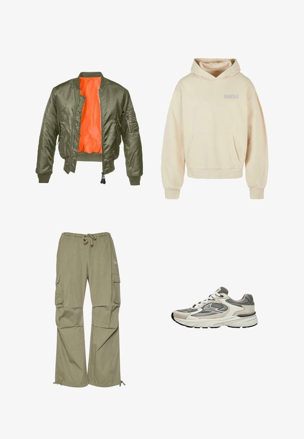 Olivgrüne Bomberjacke mit Reißverschluss vorne, gerippten Bündchen und orangefarbenem Futter. Verfügt über eine Seitentasche mit Reißverschluss und einer glatten Satinoberfläche.; Cremefarbener Hoodie mit einer vorderen Kängurutasche, Kapuze mit Kordelzug und gerippten Bündchen. Mit "móónérö" in helllila bedruckt. Baumwollmischgewebe.; Cargo-Hosen in olivgrün, aus leichtem Stoff gefertigt, mit einem elastischen Bund, verstellbaren Bündchen und mehreren Seitentaschen.; Hellgrauer und weißer Sportschuh mit Mesh- und Wildledereinsätzen, weißen Schnürsenkeln und einer dicken, gepolsterten Sohle, seitlich dargestellt.