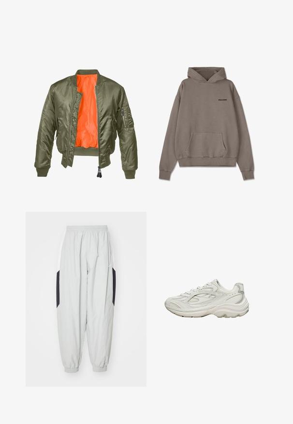 Olivgrüne Bomberjacke mit Reißverschluss vorne, gerippten Bündchen und orangefarbenem Futter. Verfügt über eine Seitentasche mit Reißverschluss und einer glatten Satinoberfläche.; Brauner Hoodie aus weichem Material mit einer Kängurutasche und gerippten Bündchen. Schwarzes "PEGADOR"-Logo auf der Vorderseite.; Hellgraue Jogginghose aus leichtem Stoff, mit elastischem Bund und Bündchen, sowie kontrastierenden schwarzen und weißen Seiteneinsätzen.; Weißer Sneaker mit strukturiertem Obermaterial und klobiger Sohle. Merkmale sind geschwungene Linien, dezente graue Akzente und ein Schnürdesign.