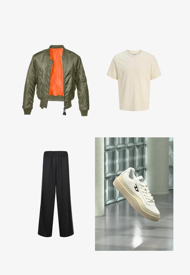 Olivgrüne Bomberjacke mit Reißverschluss vorne, gerippten Bündchen und orangefarbenem Futter. Verfügt über eine Seitentasche mit Reißverschluss und einer glatten Satinoberfläche.; Hellbeige Baumwoll-T-Shirt mit rundem Halsausschnitt, kurzen Ärmeln und lockerer Passform. Mit minimalistischer Markenkennzeichnung nahe dem Saum. Glatte Textur.; Schwarze weite Hosen mit elastischem Bund und dezenten vertikalen Streifen, für legere oder sportliche Kleidung entworfen.; Weißer Diesel-Sneaker mit beiger Sohle, der über einem polierten Boden, einer Glassteinwand und Betonpfeilern im Hintergrund schwebt.