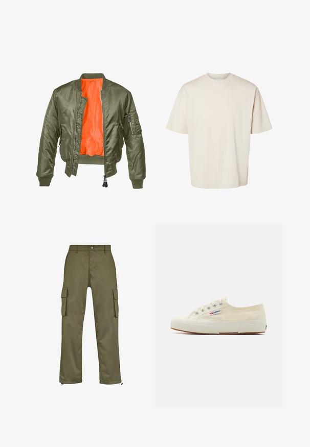 Olivenfarvet bomberjakke med lynlås foran, ribbede manchetter og orange foret. Har en sidelomme med lynlåslukning og en glat satin tekstur.; Simpel beige kortærmet oversize bomuld t-shirt med rund halsudskæring, vist fladt på hvid baggrund.; Olivenfarvede cargo bukser med lige snit, to sidelommer og lynlåse ved anklerne. Fremstillet af slidstærkt stof.; Beige lærredssneaker med et lavprofildesign, metaløjet og gummisål. Har et tekstureret mønster og logodetalje på siden.