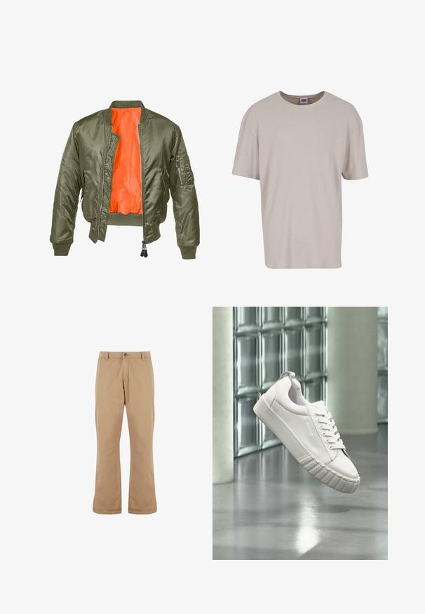 Olivenfarvet bomberjakke med lynlås foran, ribbede manchetter og orange foret. Har en sidelomme med lynlåslukning og en glat satin tekstur.; Lys beige kortermet t-shirt lavet af tekstureret stof, med rund halsudskæring og en løs pasform. Ingen synlige mønstre eller hardware.; Beige bomuldsbukser med lige pasform, der har knaplukning, forlommer og en glat tekstur.; Hvid lav sneakers med tekstureret sål og snørebånd, ophængt foran glasblokvæg og lyse søjler på poleret gulv.