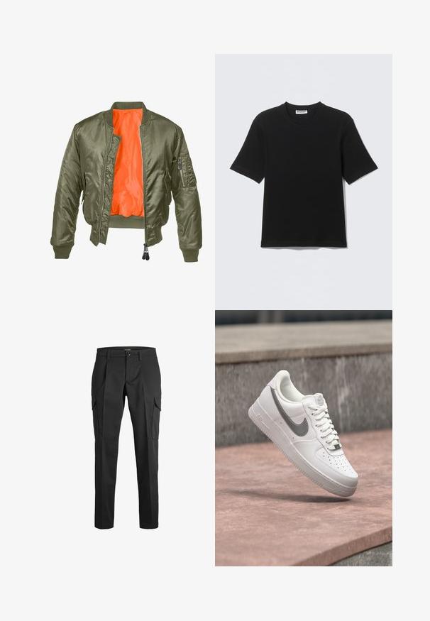 Olivgrüne Bomberjacke mit Reißverschluss vorne, gerippten Bündchen und orangefarbenem Futter. Verfügt über eine Seitentasche mit Reißverschluss und einer glatten Satinoberfläche.; Schwarzes T-Shirt mit kurzen Ärmeln und Rundhalsausschnitt, mit einem "WEEKDAY"-Etikett innen am Kragen, flach auf einem hellen Hintergrund liegend dargestellt.; Schwarze Cargo-Hosen aus leichtem Stoff. Verfügt über zwei Seitentaschen, einen geraden Beinschnitt und einen Knopfverschluss. Geeignet für die Freizeit.; Weißer Nike Air Force 1 Sneaker mit grauem Swoosh-Logo, der über einer Steinoberfläche und einem grauen Steinwandhintergrund schwebt.
