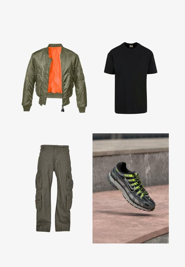 Veste bomber vert olive avec zip à l'avant, poignets côtelés et doublure orange. Comprend une poche latérale avec une fermeture zippée et une texture satinée lisse.; Urban Classics SHORTSLEEVE - T-shirt basique - black; Pantalon cargo en coton vert olive, doté de multiples poches latérales, d'une coupe décontractée et de coutures renforcées pour une meilleure durabilité.; Baskets Nike P-6000 noires et grises avec des accents jaune néon et des lacets flottant au-dessus d'une surface en béton rose.