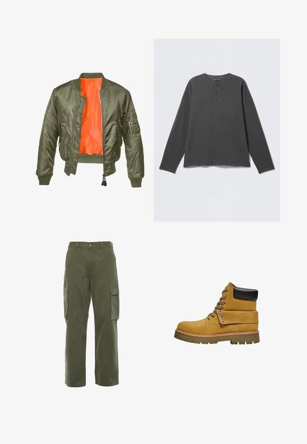 Olijfgroene bomberjack met een ritssluiting aan de voorkant, ribbelmanchetten en een oranje voering. Voorzien van een zijzak met een ritssluiting en een gladde satin textuur.; Donkergrijs henley-shirt met lange mouwen, een ronde halslijn en drie knopen op de voorklep.; Olijfgroene cargobroek, gemaakt van katoen, met een recht model, voorzien van zijzakken en een ritszak op het linkerpijp.; Lichtbruine werklaars met zwart gewatteerde kraag, vetersluiting aan de voorkant, omslaande flap met metalen oogjes en dikke rubberen profielzool.