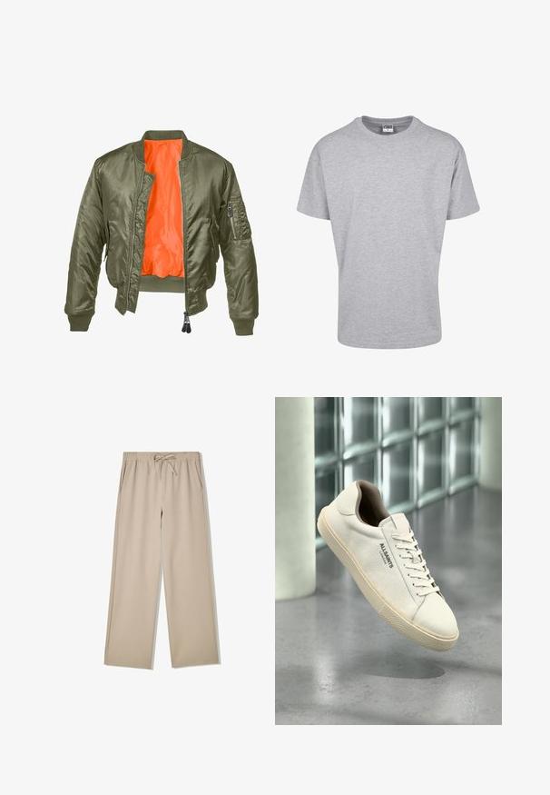 Olijfgroene bomberjack met een ritssluiting aan de voorkant, ribbelmanchetten en een oranje voering. Voorzien van een zijzak met een ritssluiting en een gladde satin textuur.; Grijze katoenen t-shirt met een ronde halslijn en korte mouwen. Eenvoudig ontwerp, geen patronen of accenten. Klassieke ontspannen pasvorm.; Beige wijde broek met elastische tailleband en trekkoord, voorzien van zijzakken, platliggend op een witte achtergrond.; Witte canvas sneaker met een beige zool en veters, "AllSaints London" logo aan de zijkant, zwevend boven een grijs gepolijste vloer nabij glasblokken.