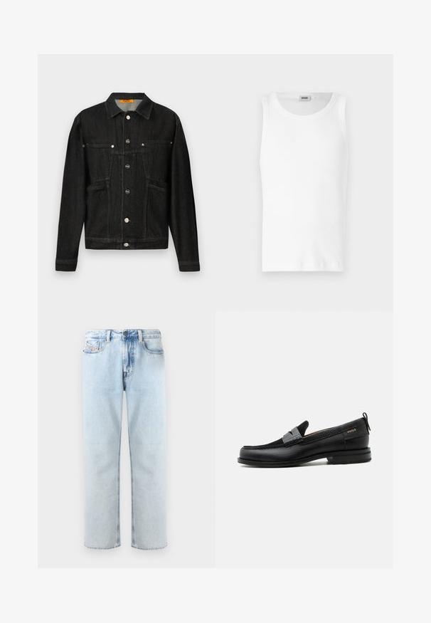 Sort denimjakke med kravehals, to brystlommer og knaplukninger. Lavet af blødt, tekstureret stof med en klassisk form.; Hvid bomulds tanktop uden ærmer med rund halsudskæring og en glat tekstur. Enkel design, ingen mønstre eller accenter.; Lysblå denimjeans med lige ben, fem-lomme design og let falmede områder. Har en knaplukning og løkke til et bælte.; Sort læderloafer med grå remdetalje, lav hæl og tekstureret sål, mærket med "HUGO" i guld på siden.