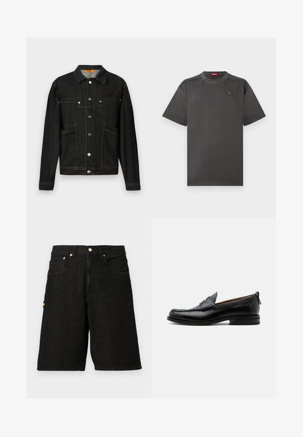 Zwarte denim jas met een kraag, twee borstzakken en knoopsluitingen. Gemaakt van zacht, geweven stof met een klassieke vorm.; Donkergrijze Diesel t-shirt met korte mouwen, contrasterende stikken en een klein rood logo op de borst en binnen de kraag.; Zwarte denim shorts met een klassieke vijf-pocket ontwerp, zilveren hardware en een subtiele oranje accent op de zijzak.; Zwarte leren herensloffen met moc toe stiksel, pennyriem, gestructureerde kraag en lage gestapelde hak op witte achtergrond.