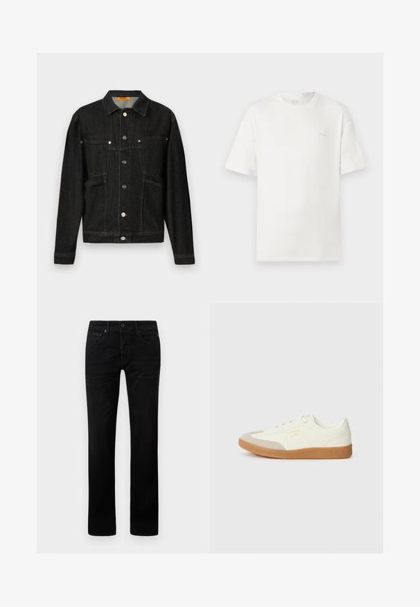 Sort denimjakke med kravehals, to brystlommer og knaplukninger. Lavet af blødt, tekstureret stof med en klassisk form.; Hvid bomulds t-shirt med en afslappet pasform, rund halsudskæring, korte ærmer og et diskret logo på brystet. Glat tekstur, minimalistisk design.; Sorte denimjeans med lige ben-design. Har lynlås, fem lomme-stil og minimal slitage på stoffet.; Sneaker lavet af hvid læder med en beige tåhætte og let brunt gummisål. Har flade hvide snørebånd og prægede branding på siden.