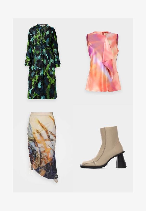 Lang, let trenchcoat med et grønt og sort camouflage mønster, bælte om taljen, knaplukning og afslappet pasform med store lommer.; Ærmeløs top i satinmateriale, der præsenterer et farverigt abstrakt mønster med nuancer af pink, orange og violet, samt en draperet frontdesign.; Materiel DIAGONAL GATHERED SKIRT - Pencil skirt - golden hour; Beige læder ankelstøvle med firkantet tå, synlige sømme og chunky sort skulptureret blokhæl på hvid baggrund.
