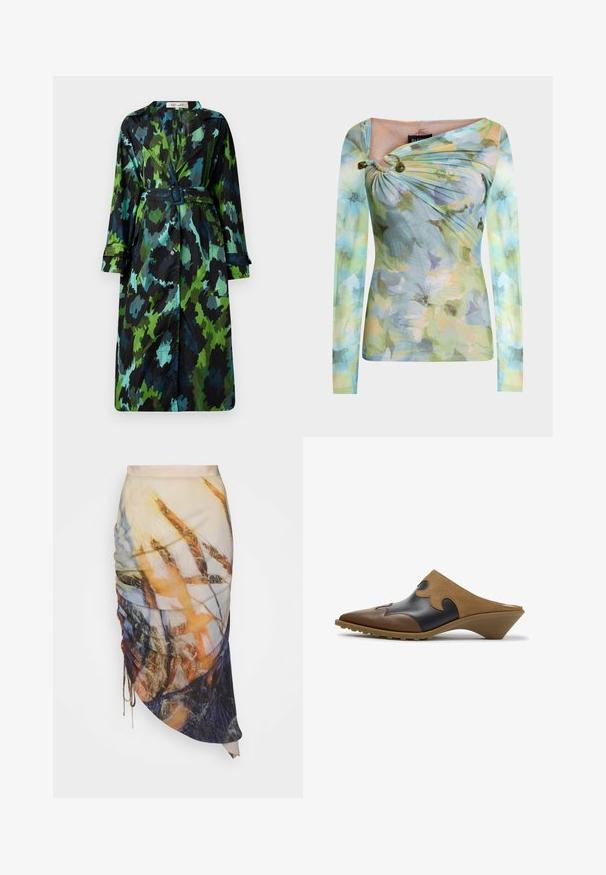 Lang, let trenchcoat med et grønt og sort camouflage mønster, bælte om taljen, knaplukning og afslappet pasform med store lommer.; Langærmet figursyet top med pastelblomster, asymmetrisk halsudskæring samlet med to grønne perler på venstre skulder.; Materiel DIAGONAL GATHERED SKIRT - Pencil skirt - golden hour; Brune og sorte læder slip-on mule med spids tå og lavt skråt hæl, med dekorative syninger og bølgede ruskindsoverflader.