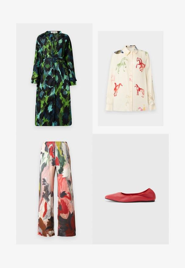 Lang, let trenchcoat med et grønt og sort camouflage mønster, bælte om taljen, knaplukning og afslappet pasform med store lommer.; Cremefarvet langærmet skjorte med knapper og flerfarvede akvarelprints af heste i rød, grøn, pink og blå.; Bukser med vidde i benene med et flerfarvet blomsterdesign i nuancer af rød, grøn og brun. Fremstillet af blødt stof med elastik i taljen.; Filippa K REY FLATS - Ballerinasko - bright red