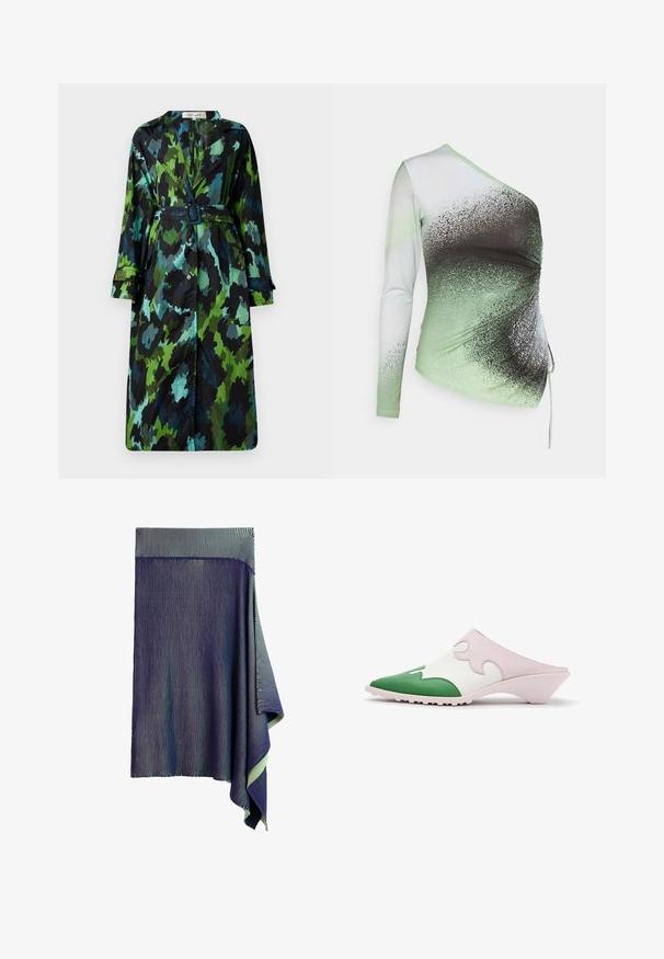 Lang, let trenchcoat med et grønt og sort camouflage mønster, bælte om taljen, knaplukning og afslappet pasform med store lommer.; Elleme ONE SHOULDER - Langærmet T-shirt - light green/white; Mørkeblå strikket nederdel med meget fine hvide lodrette striber og en asymmetrisk draperet kant på den ene side.; Slip-on mule sko med spids grøn tå, hvid overdel med pink bølget overlay og lav skrå hæl på hvid baggrund.