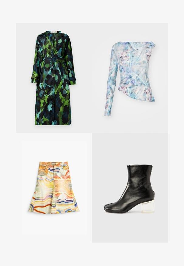Lang, let trenchcoat med et grønt og sort camouflage mønster, bælte om taljen, knaplukning og afslappet pasform med store lommer.; Asymmetrisk langærmet top i et blåt og pink abstrakt mønster, med sammensamlet tekstur og rund hals. Lavet af letvægtsstof.; Høj talje A-line nederdel med farverigt, bølget marmor mønster i nuancer af orange, gul, blå og lilla, med forlommer og knaplukning.; Sort ankelstøvle i læder med rundet tå og klar blokhæl. Har lynlås i siden og en glat mat finish.
