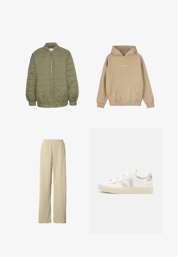 Veste matelassée vert olive avec fermeture éclair à l'avant, col montant et manches élastiquées. Présente un motif géométrique sur le tissu.; Sweat-shirt beige à capuche en matériau semblable au coton. Doté d'une poche kangourou à l'avant et d'un logo "PEGADOR" blanc sur la poitrine.; Pantalon large beige côtelé avec taille élastique et petit logo blanc discret sur la partie supérieure de la cuisse.; Baskets blanches avec des bandes Velcro, accents en daim beige, semelle en caoutchouc texturée et logo V gris. Design minimaliste, forme arrondie.