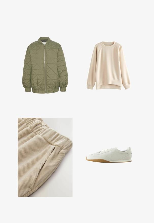 Chaqueta acolchada de color verde oliva con cierre de cremallera en el frente, cuello alzado y puños elásticos. Presenta un patrón geométrico en la tela.; Sudadera color beige claro con cuello redondo, mangas raglán y dobladillo ligeramente curvado. Fabricada con tejido suave y puños de canalé.; Pantalones cortos de tela de canalé beige con cintura elástica y bolsillos laterales, con una textura suave y diseño de corte relajado.; Zapatilla deportiva blanca de corte bajo con suela de goma marrón, detalles de costuras, cierre de cordones y logo bordado en el lateral.