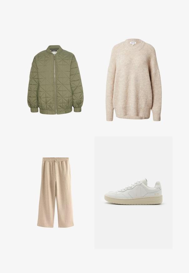 Veste matelassée vert olive avec fermeture éclair à l'avant, col montant et manches élastiquées. Présente un motif géométrique sur le tissu.; Pull en tricot beige avec un col rond, des épaules tombantes et des poignets et un ourlet côtelés. Il offre une coupe légèrement ample et texturée.; Pantalons larges de couleur crème en tissu doux en mélange de coton. Ils présentent une taille élastique avec cordon de serrage et une texture subtilement mouchetée.; Baskets en cuir blanc avec une boîte à orteils perforée, semelle en caoutchouc beige contrastante et accents de logo sur le côté et le talon. Design minimaliste.