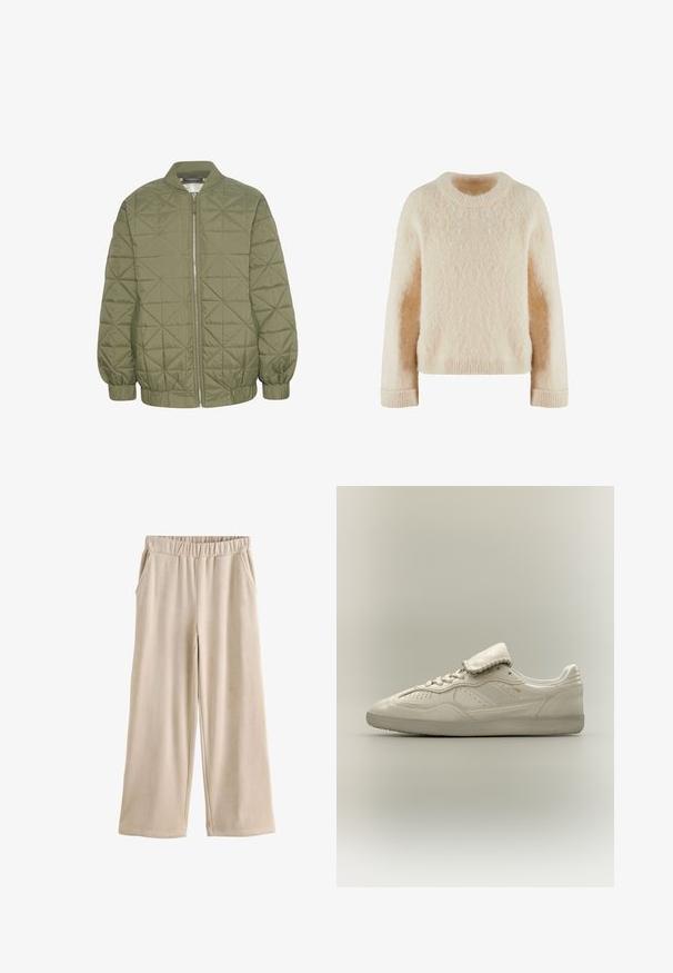 Chaqueta acolchada de color verde oliva con cierre de cremallera en el frente, cuello alzado y puños elásticos. Presenta un patrón geométrico en la tela.; Suéter de punto color crema con escote redondo, mangas largas y un acabado suave y texturizado. Puños y dobladillo acanalados para mayor estructura.; Pantalones de pana beige de pierna ancha con cintura elástica y bolsillos laterales, mostrados planos sobre un fondo blanco.; Zapatilla baja blanca con suela texturizada, cierre con cordones en la parte delantera, lengüeta acolchada y sutil marca dorada en el lateral, mostrada sobre un fondo neutro.
