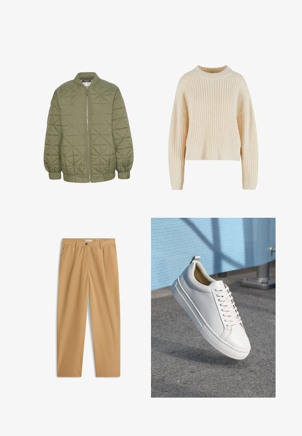 Veste matelassée vert olive avec fermeture éclair à l'avant, col montant et manches élastiquées. Présente un motif géométrique sur le tissu.; Pull en tricot crème avec un col haut en côtes, des manches larges et un motif texturé sur l'ensemble. Design court avec un ourlet en côtes.; Pantalon beige décontracté à jambes droites avec poches latérales, passants pour ceinture, fermeture par bouton et braguette zippée.; Baskets blanches en cuir avec des lacets plats, bout rond, semelle en caoutchouc et une petite languette au talon. Texture lisse avec des détails de design minimalistes.