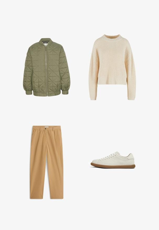Veste matelassée vert olive avec fermeture éclair à l'avant, col montant et manches élastiquées. Présente un motif géométrique sur le tissu.; Pull en tricot crème avec un col haut en côtes, des manches larges et un motif texturé sur l'ensemble. Design court avec un ourlet en côtes.; Pantalon beige décontracté à jambes droites avec poches latérales, passants pour ceinture, fermeture par bouton et braguette zippée.; Baskets en cuir perforé blanches avec un bout arrondi et une semelle en caoutchouc marron. Elles sont dotées de lacets plats et d'un design low-profile.