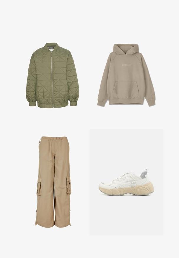 Veste matelassée vert olive avec fermeture éclair à l'avant, col montant et manches élastiquées. Présente un motif géométrique sur le tissu.; Haut à capuche beige avec poche kangourou, capuche à cordon de serrage et poignets côtelés. Présente une broderie de logo discrète sur le devant et la manche.; Pantalons cargo beiges avec une taille élastique, deux poches latérales et des accents en maille ; fabriqués en tissu léger et texturé.; Basket blanche avec tige en mesh et en cuir lisse, dotée d'un col rembourré, d'une semelle en caoutchouc texturée et de subtils accents métalliques.